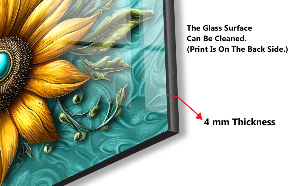 Golden Sunburst Flower - Glass Kitchen Backsplash-BacksplashArtworks