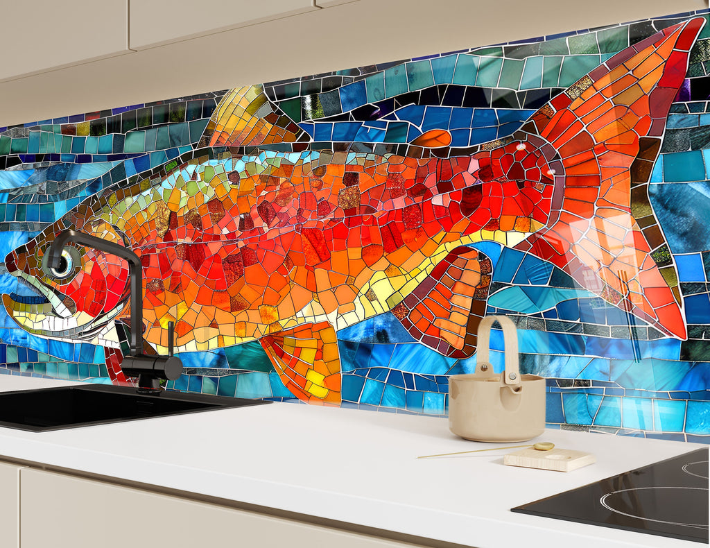Mosaic Tempered Glass Kitchen Backsplash with Vibrant Colorful Fish Design-BacksplashArtworks