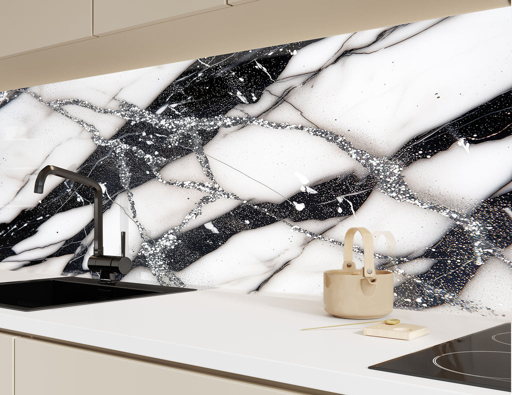 Black & White Abstract Marble - Glass Kitchen Backsplash-BacksplashArtworks