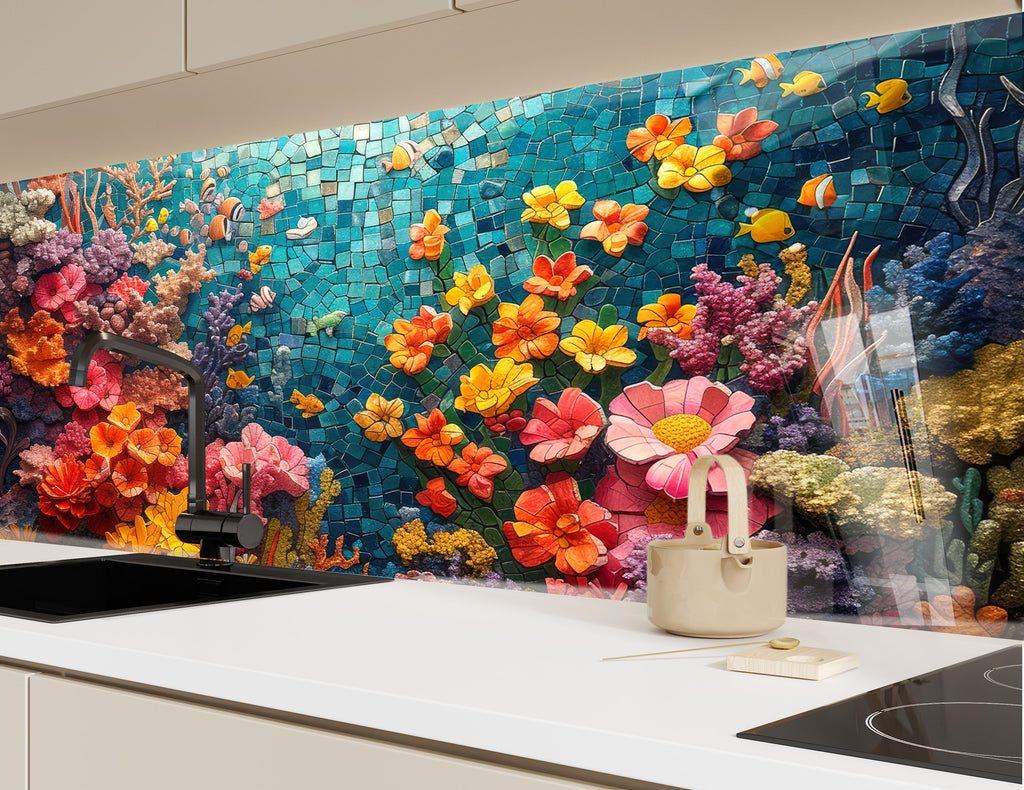 Mosaic-Inspired Tempered Glass Kitchen Backsplash with Colorful Coral Reef Design-BacksplashArtworks