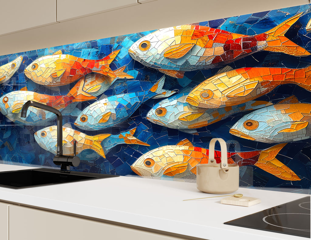 Mosaic-Inspired Tempered Glass Kitchen Backsplash with Colorful Fish Design-BacksplashArtworks