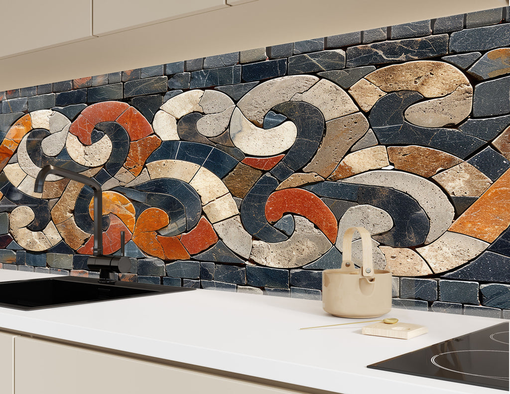 Mosaic Tempered Glass Kitchen Backsplash with Geometric Swirl Design-BacksplashArtworks