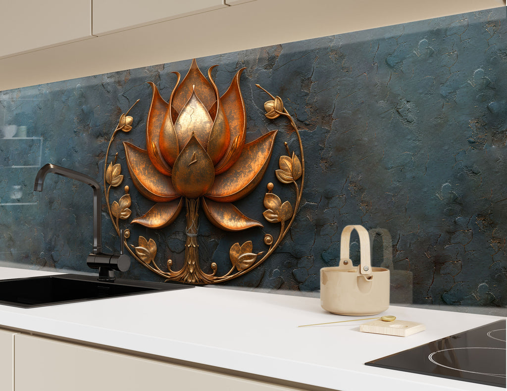 Copper Lotus - Glass Kitchen Backsplash-BacksplashArtworks