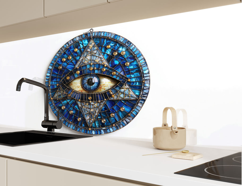 Mosaic Tempered Glass Kitchen Backsplash with Eye of Providence Design-BacksplashArtworks