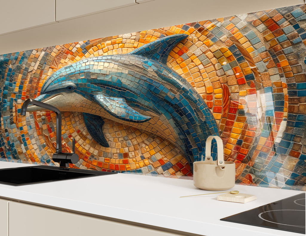 Mosaic-Inspired Tempered Glass Kitchen Backsplash with Dolphin Design-BacksplashArtworks