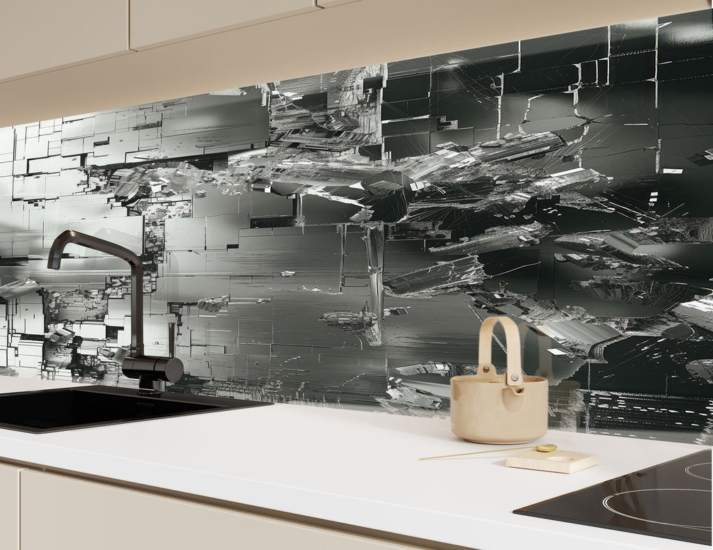 Futuristic Metallic - Glass Kitchen Backsplash-BacksplashArtworks