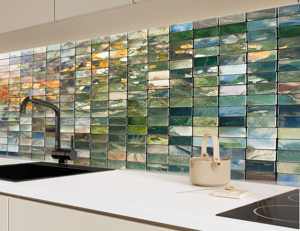 Mosaic Tempered Glass Kitchen Backsplash with Green and Earthy Tones Design-BacksplashArtworks