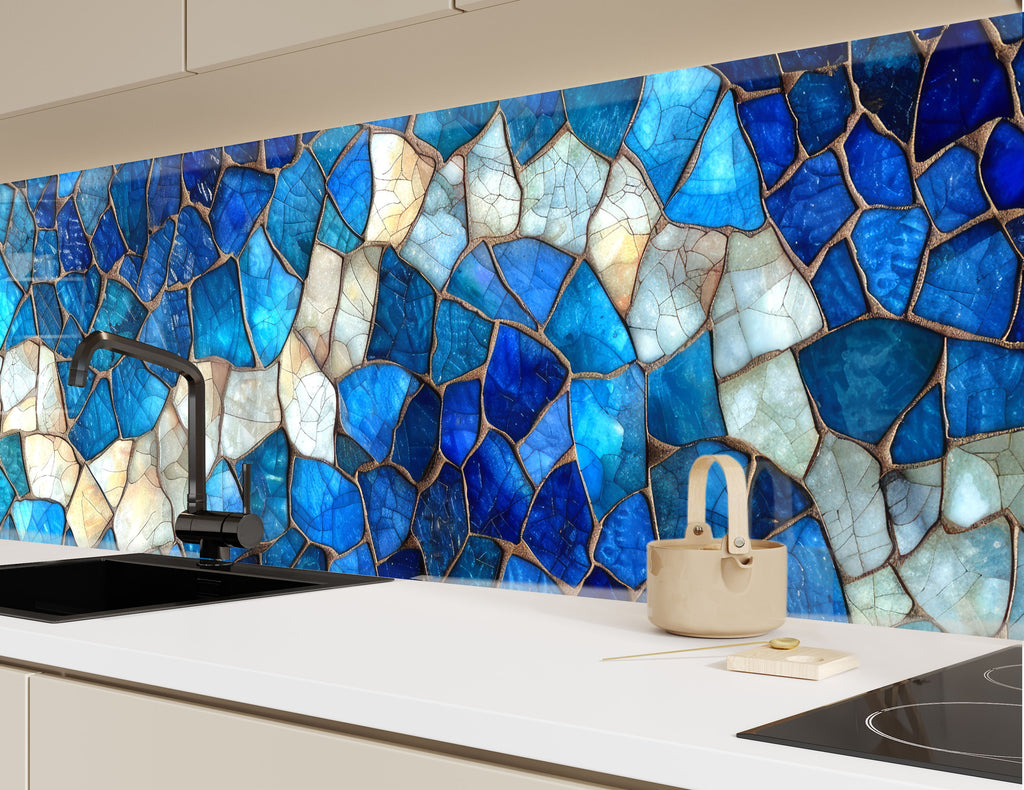 Mosaic Glass Kitchen Backsplash with Blue Wave Design-BacksplashArtworks