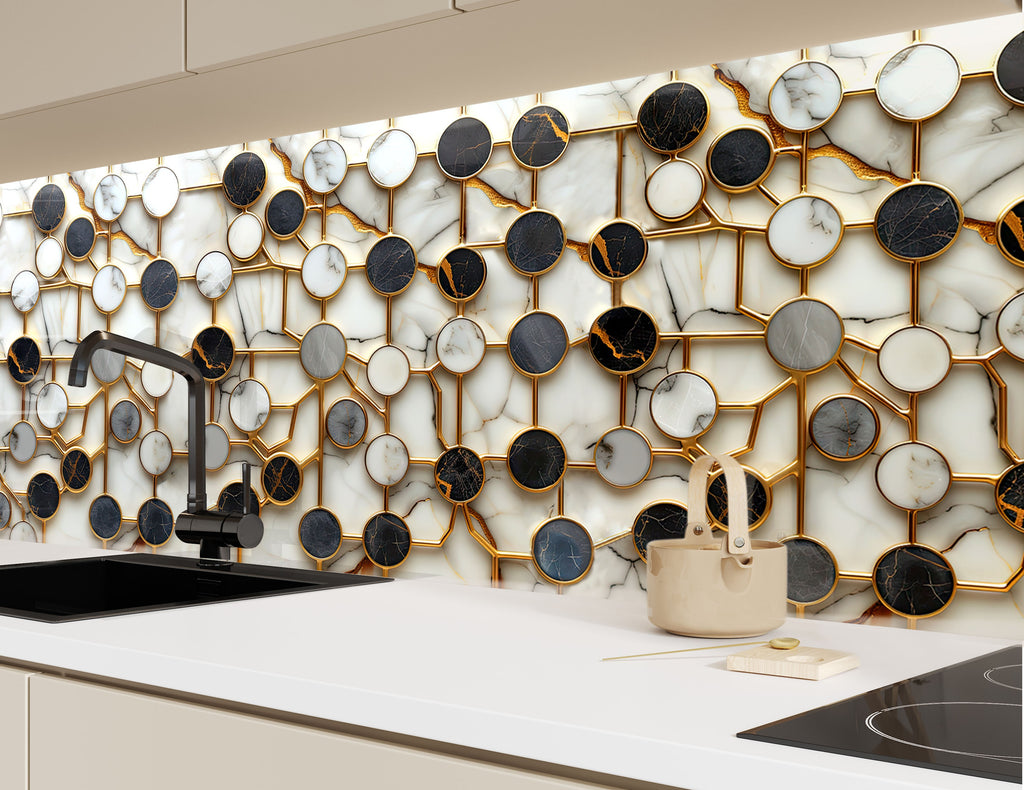 Modern Gold & Marble Circles - Glass Kitchen Backsplash-BacksplashArtworks