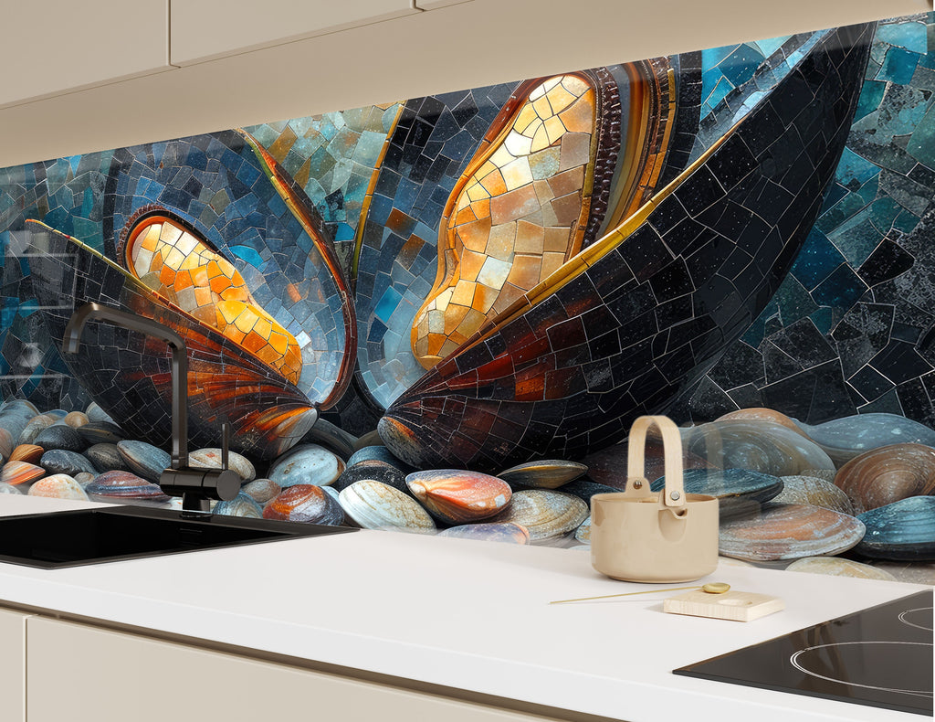 Mosaic Glass Kitchen Backsplash with Open Oyster and Pearl Design-BacksplashArtworks