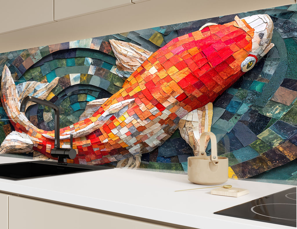 Mosaic Glass Kitchen Backsplash with Colorful Koi Fish Design-BacksplashArtworks