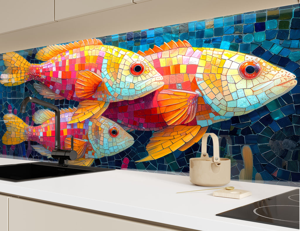 Mosaic-Inspired Tempered Glass Kitchen Backsplash with Colorful Fish Design-BacksplashArtworks