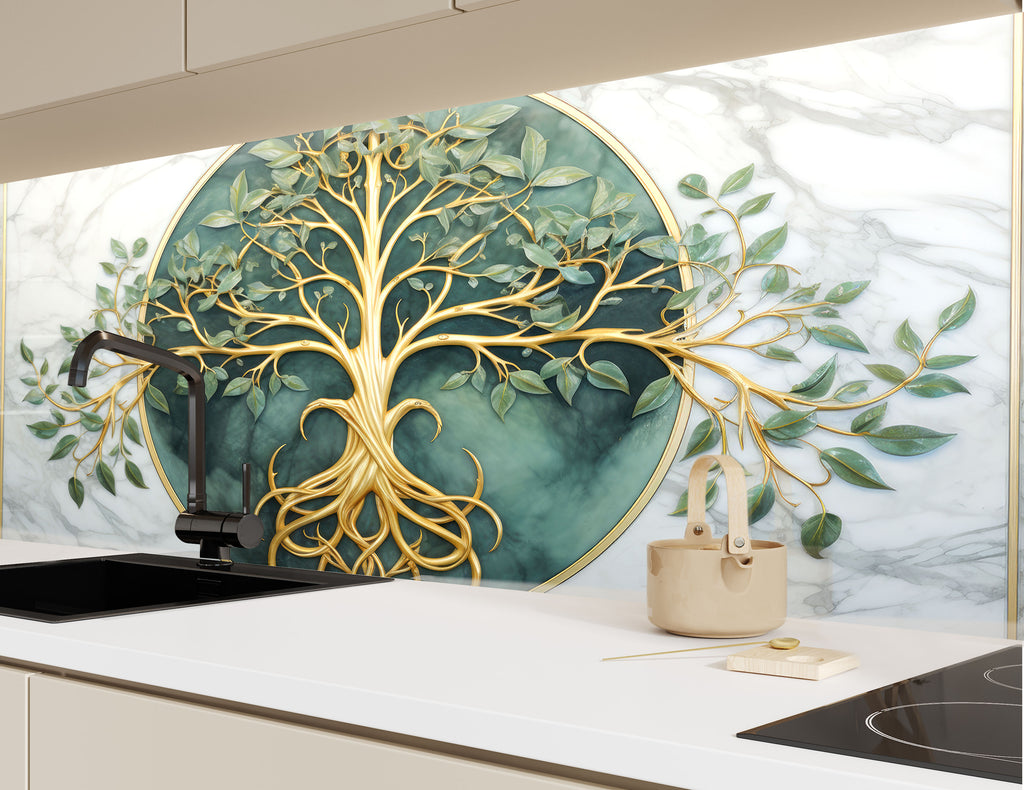 Gold & Green Life of Tree - Glass Kitchen Backsplash-BacksplashArtworks