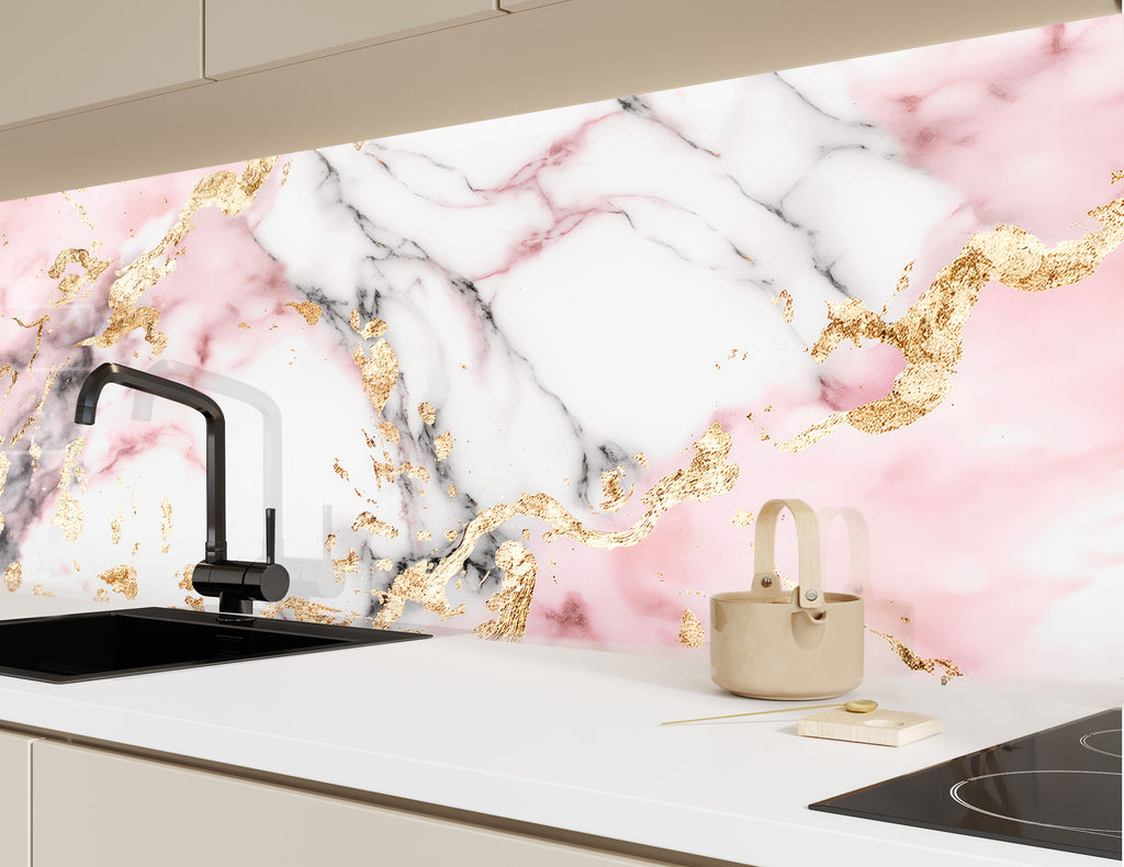 Pink & Gold Marble Elegance - Glass Kitchen Backsplash-BacksplashArtworks