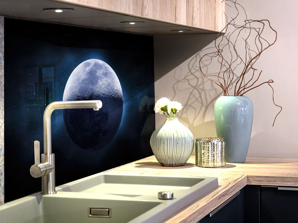 Blue Lunar Glow Wall Art - Tempered Glass Kitchen Backsplash-BacksplashArtworks