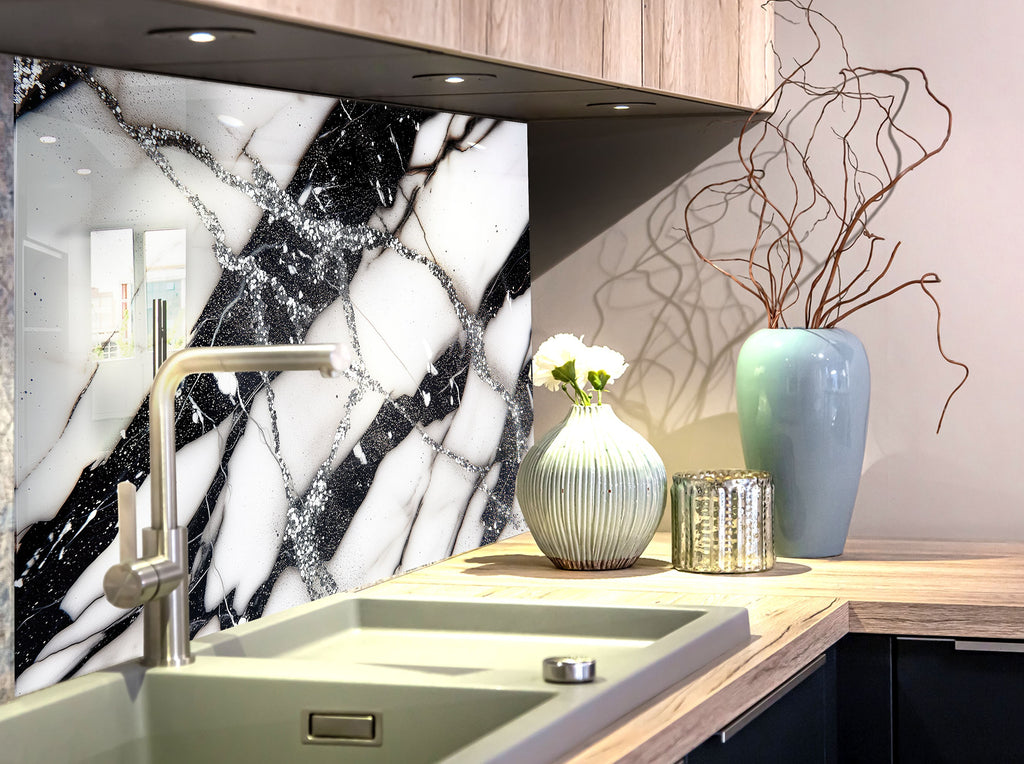 Black & White Abstract Marble - Glass Kitchen Backsplash-BacksplashArtworks
