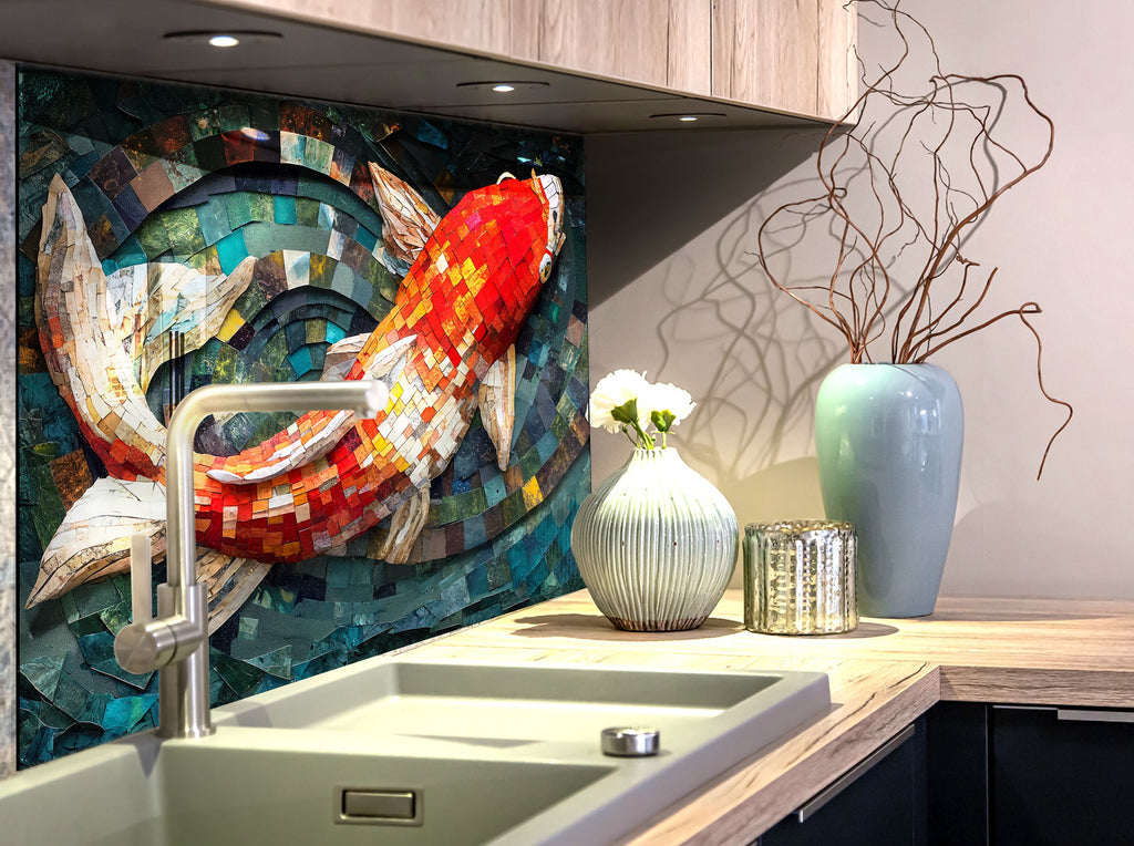 Mosaic Glass Kitchen Backsplash with Colorful Koi Fish Design-BacksplashArtworks