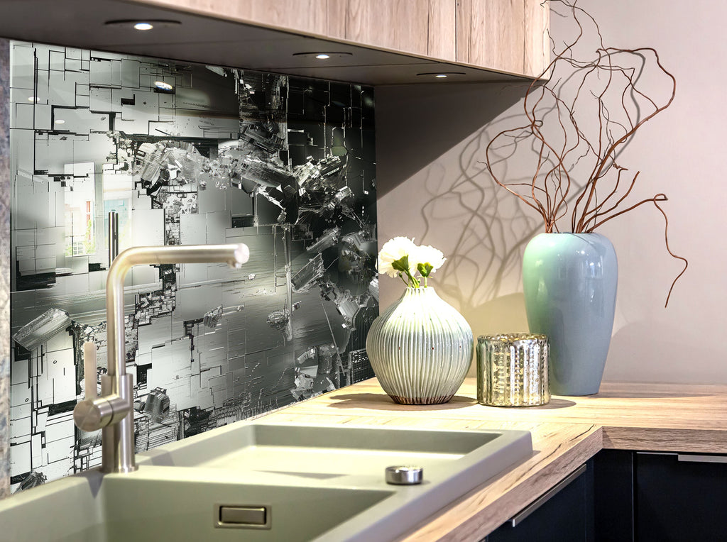 Futuristic Metallic - Glass Kitchen Backsplash-BacksplashArtworks