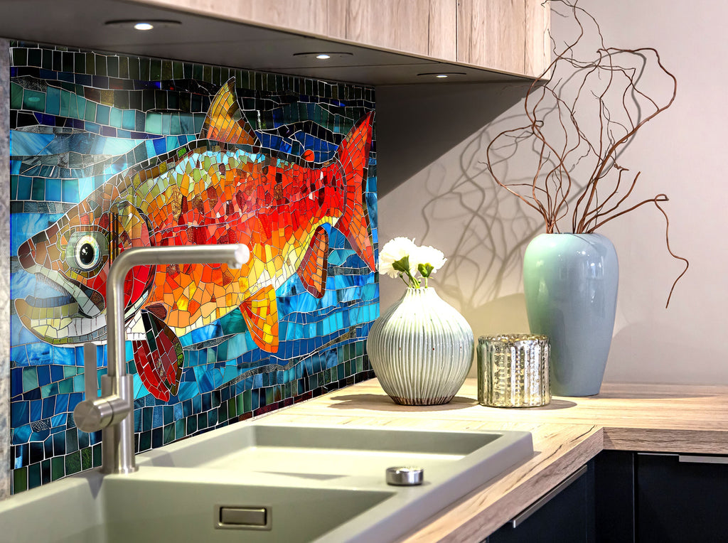 Mosaic Tempered Glass Kitchen Backsplash with Vibrant Colorful Fish Design-BacksplashArtworks