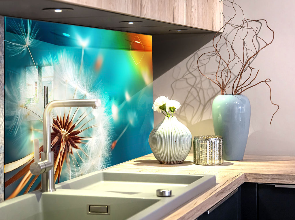 Golden Dandelion Breeze - Glass Kitchen Backsplash-BacksplashArtworks