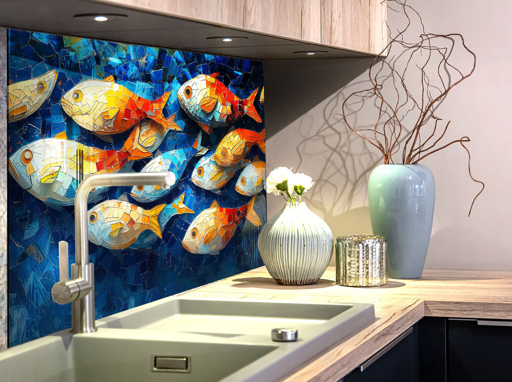 Mosaic-Inspired Tempered Glass Kitchen Backsplash with Colorful Fish Design-BacksplashArtworks