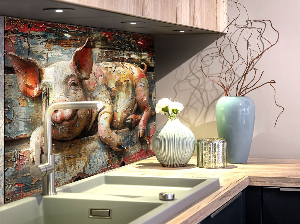Farmhouse Pig – Glass Kitchen Backsplash-BacksplashArtworks