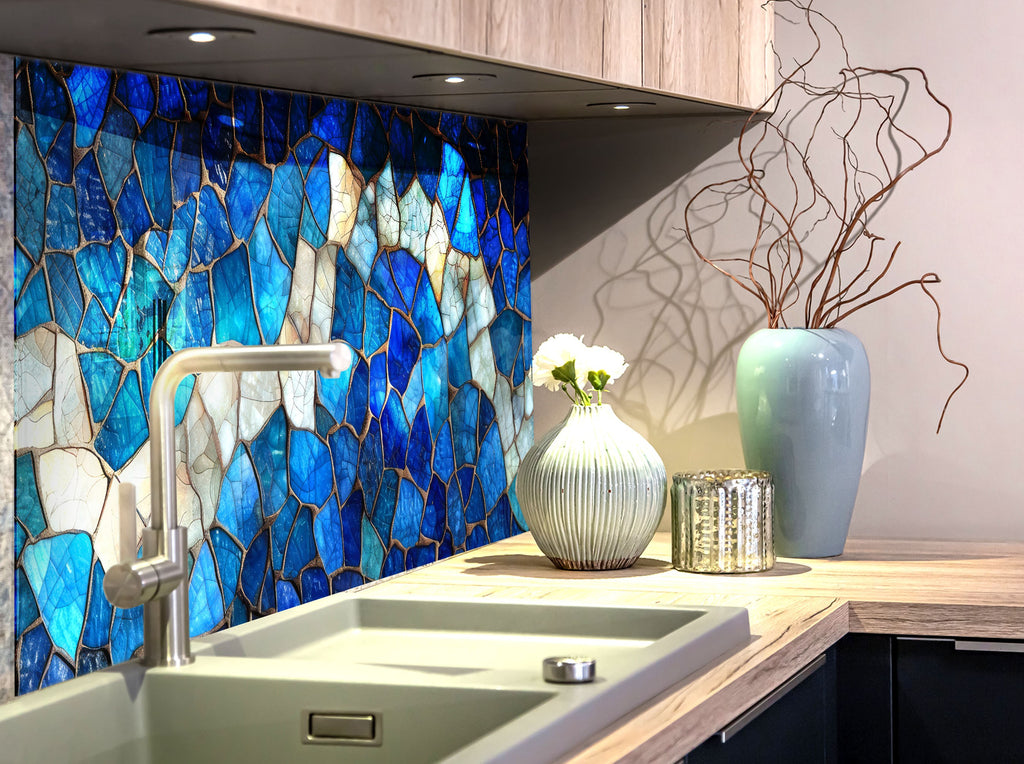 Mosaic Glass Kitchen Backsplash with Blue Wave Design-BacksplashArtworks