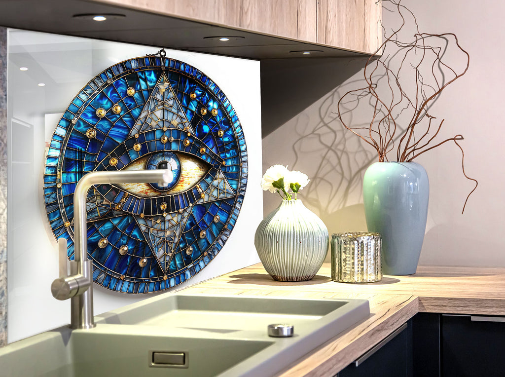 Mosaic Tempered Glass Kitchen Backsplash with Eye of Providence Design-BacksplashArtworks