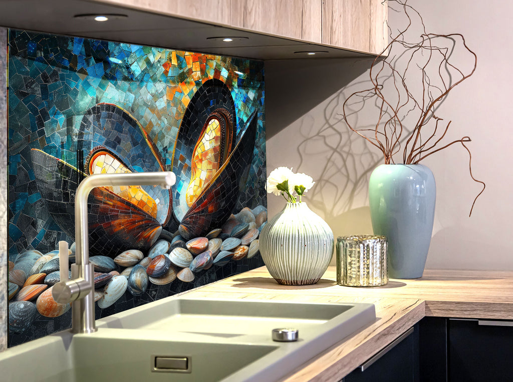 Mosaic-Inspired Ocean Shell Design Tempered Glass Kitchen Backsplash-BacksplashArtworks