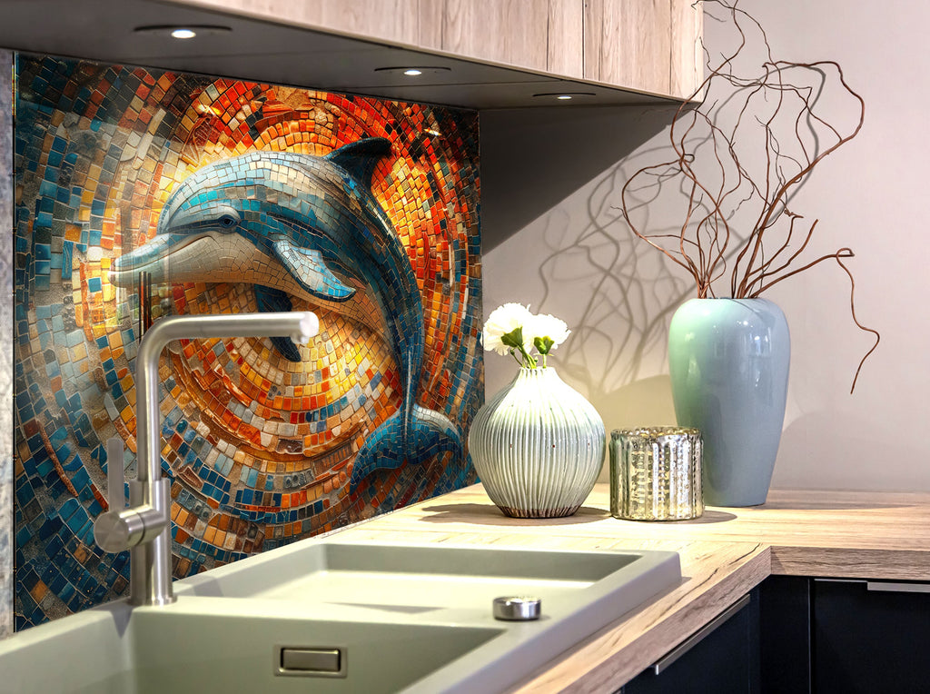 Mosaic-Inspired Tempered Glass Kitchen Backsplash with Dolphin Design-BacksplashArtworks