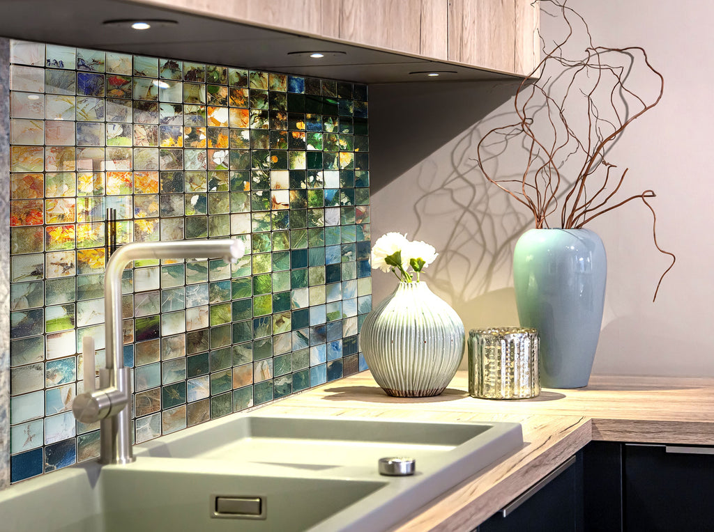 Mosaic Tempered Glass Kitchen Backsplash with Green and Earthy Tones Design-BacksplashArtworks