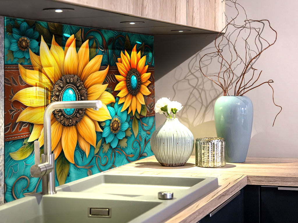 Turquoise Sunflower Radiance - Glass Kitchen Backsplash-BacksplashArtworks