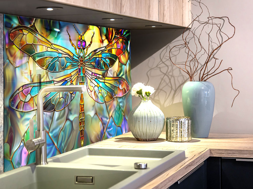 Stained Dragonfly- Glass Kitchen Backsplash-BacksplashArtworks