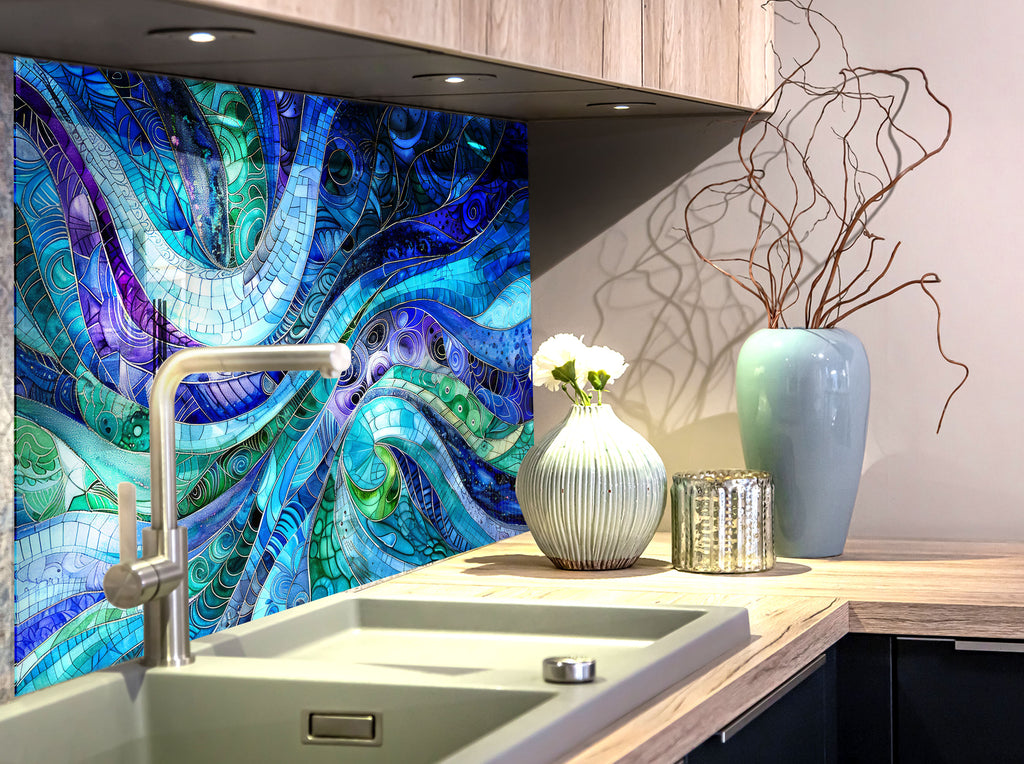Blue Ocean Waves - Glass Kitchen Backsplash-BacksplashArtworks