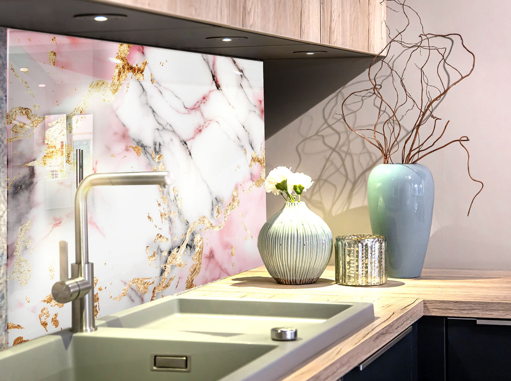 Pink & Gold Marble Elegance - Glass Kitchen Backsplash-BacksplashArtworks