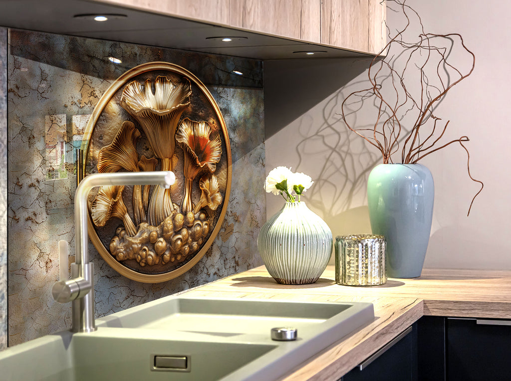 Golden Mushroom Carving - Glass Kitchen Backsplash-BacksplashArtworks