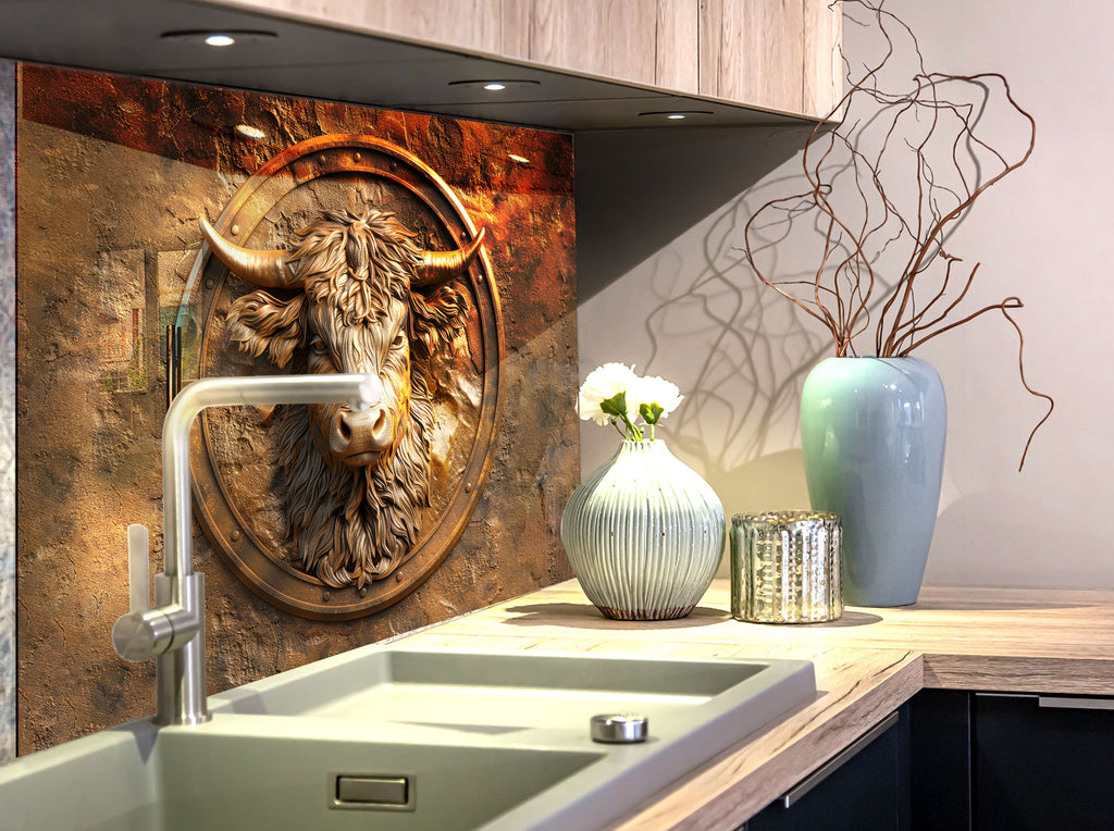Bronze Highland Bull – Glass Kitchen Backsplash-BacksplashArtworks