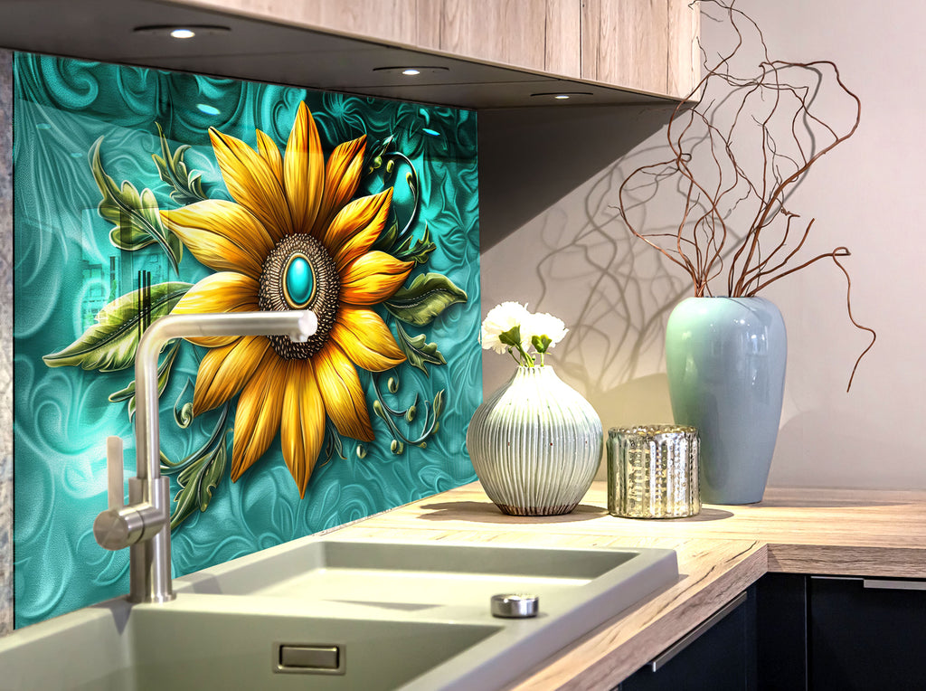 Golden Sunburst Flower - Glass Kitchen Backsplash-BacksplashArtworks