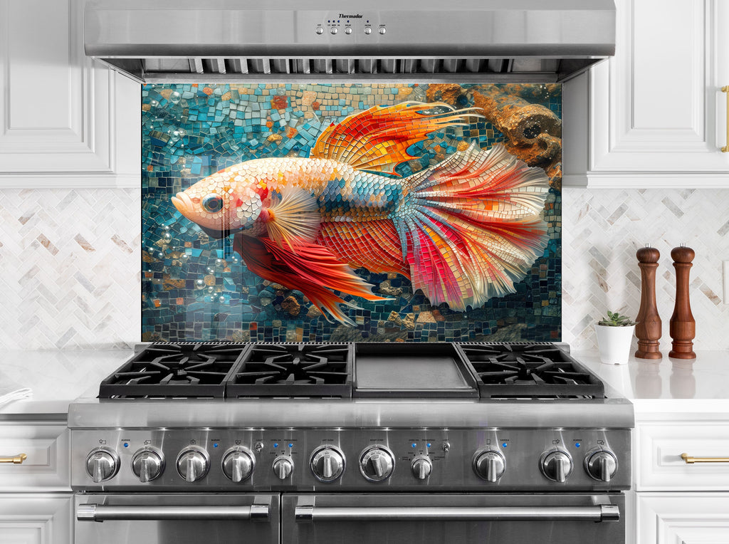 Mosaic Tempered Glass Kitchen Backsplash with Colorful Fish Design-BacksplashArtworks