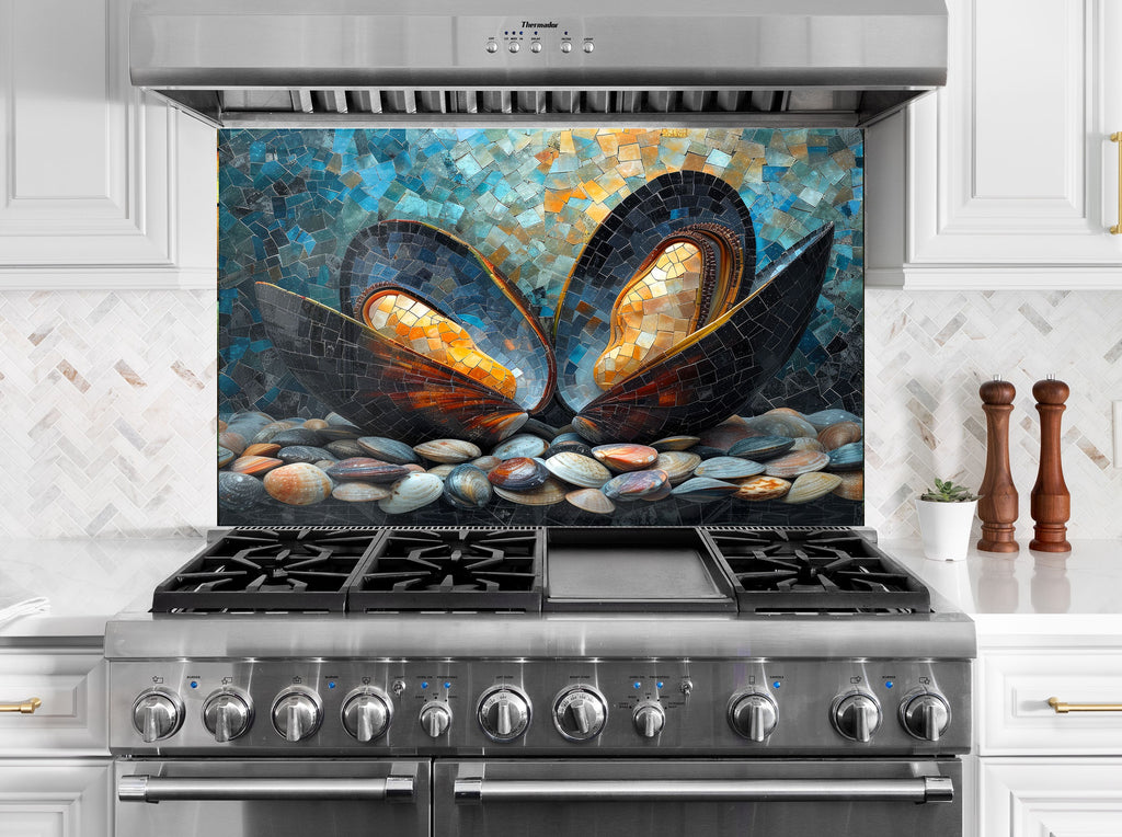 Mosaic-Inspired Ocean Shell Design Tempered Glass Kitchen Backsplash-BacksplashArtworks