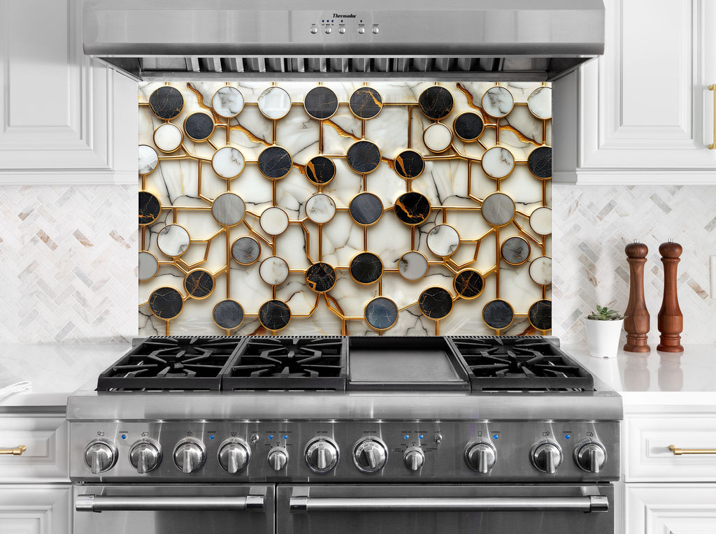 Modern Gold & Marble Circles - Glass Kitchen Backsplash-BacksplashArtworks