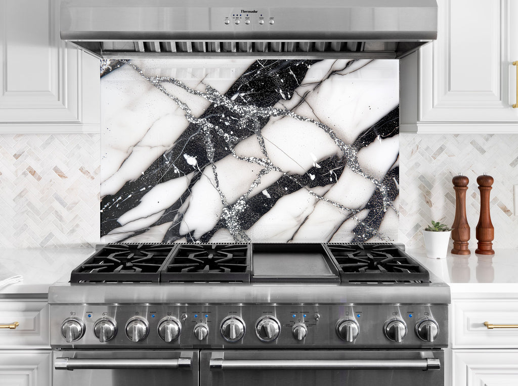 Black & White Abstract Marble - Glass Kitchen Backsplash-BacksplashArtworks