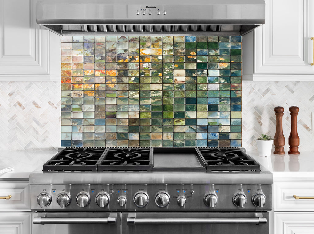 Mosaic Tempered Glass Kitchen Backsplash with Green and Earthy Tones Design-BacksplashArtworks