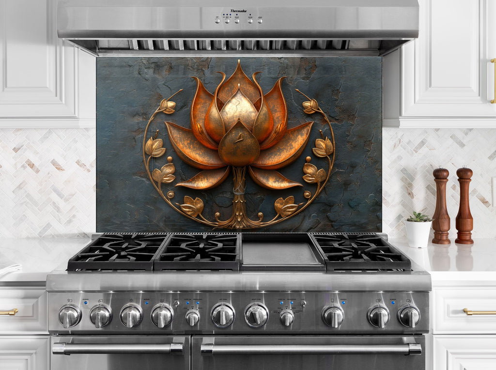 Copper Lotus - Glass Kitchen Backsplash-BacksplashArtworks