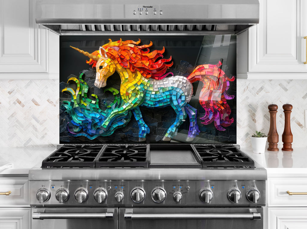 Mosaic Tempered Glass Kitchen Backsplash with Colorful Unicorn Design-BacksplashArtworks