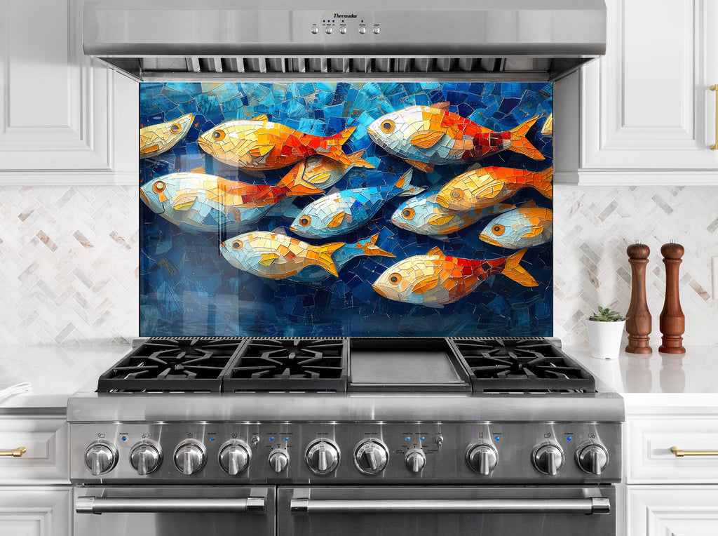 Mosaic-Inspired Tempered Glass Kitchen Backsplash with Colorful Fish Design-BacksplashArtworks