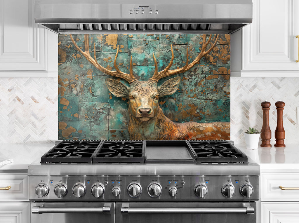 Noble Deer & Aged Copper Elegance - Glass Kitchen Backsplash-BacksplashArtworks