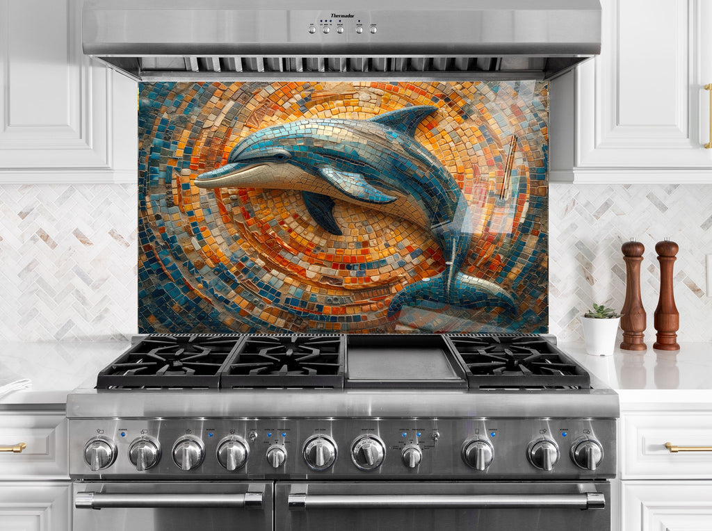 Mosaic-Inspired Tempered Glass Kitchen Backsplash with Dolphin Design-BacksplashArtworks
