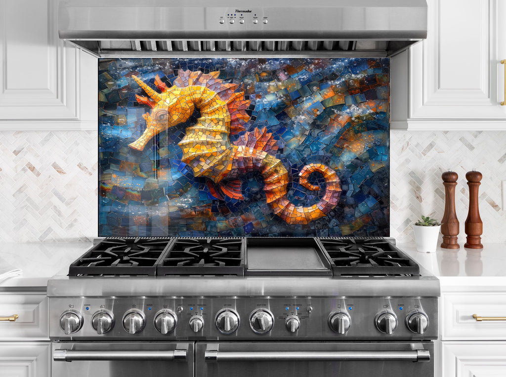 Mosaic-Inspired Tempered Glass Kitchen Backsplash with Seahorse Design-BacksplashArtworks
