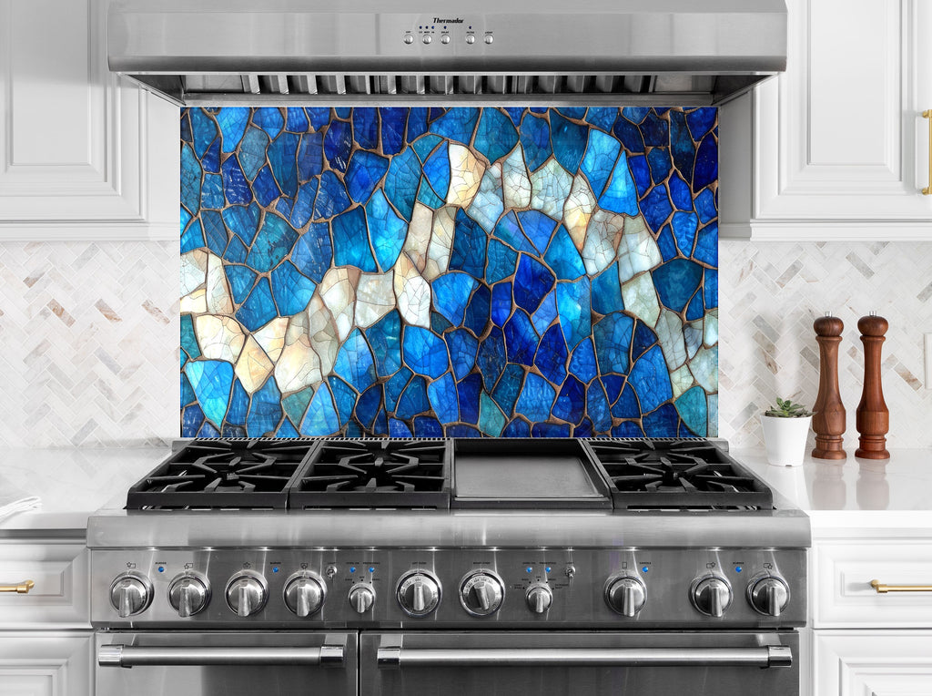 Mosaic Glass Kitchen Backsplash with Blue Wave Design-BacksplashArtworks